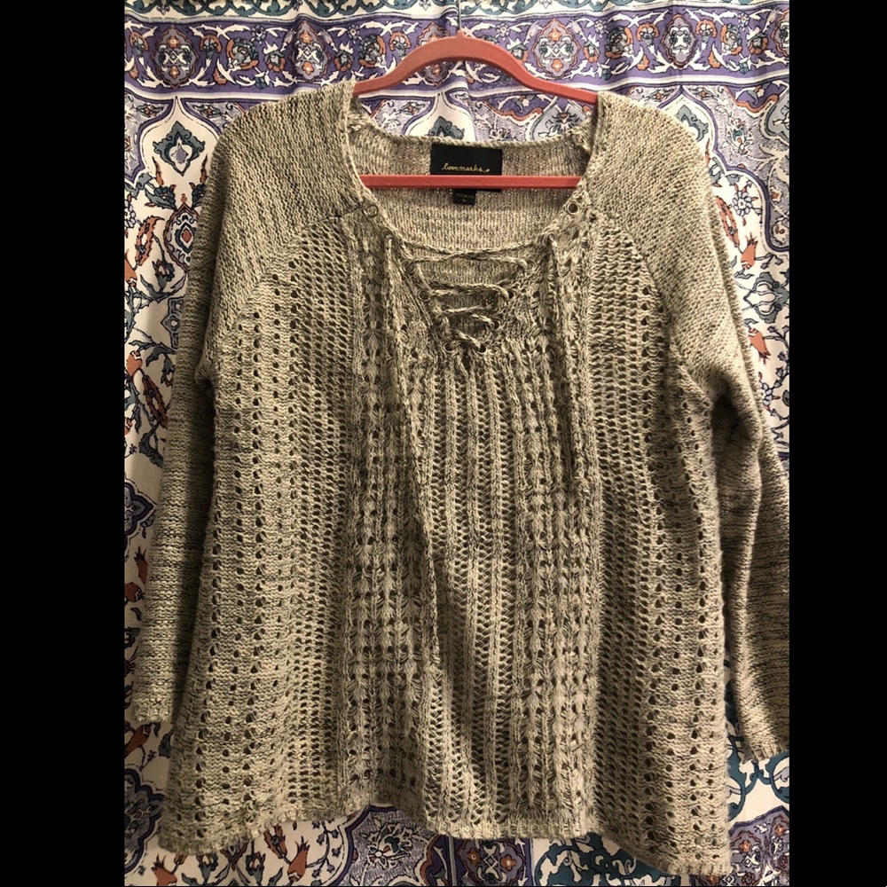 Lovemarks Grey Lace-Up Woven Marled Sweater